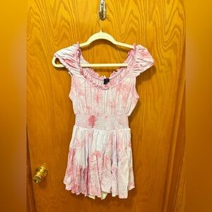 Rue21 Pink and White Off-Shoulder Ruched Mini Dress